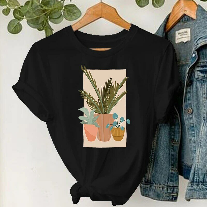 Camiseta kawaii con estampado de plantas y sol para mujer, remeras estampadas, playera harajuku de manga corta negra, camisetas para mujer 2022