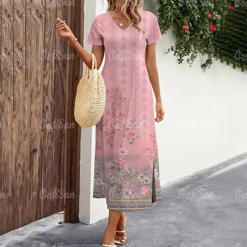 Damenmode Kleider elegante Kleider Frauen V-Ausschnitt Kurzarm langes Kleid schlanke Pullover Schlitz Rock Sommerferien Kleidung