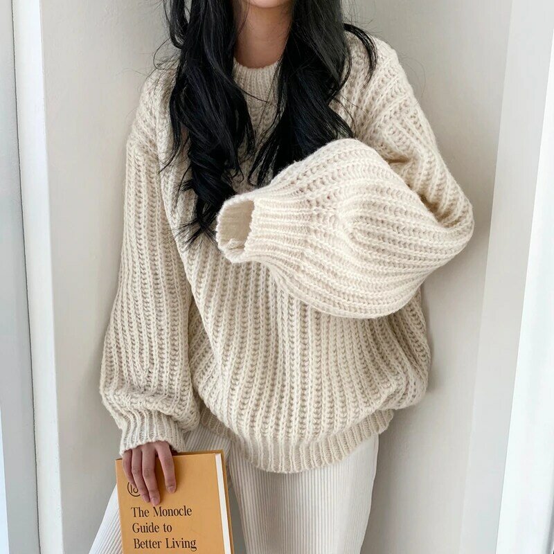 Sweater rajut wanita, atasan lengan penuh leher bulat kasual, warna Solid Retro musim gugur musim dingin 2023