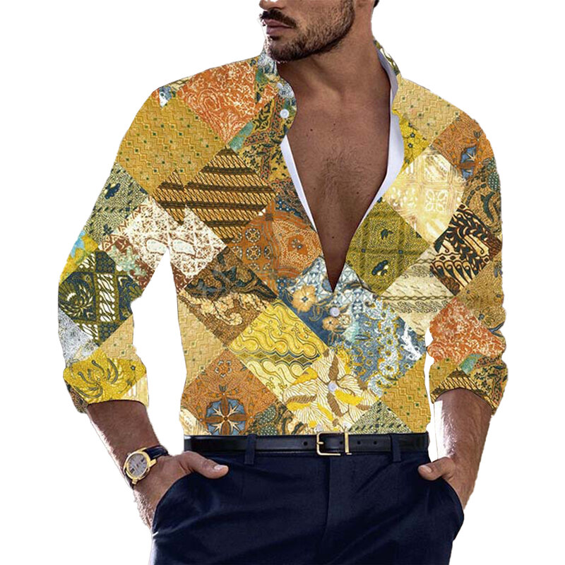 Mens Muscle Party Party T Print Fitness Holiday Lapel Long Sleeve Band Collar Printed Button Down Shirt Casual