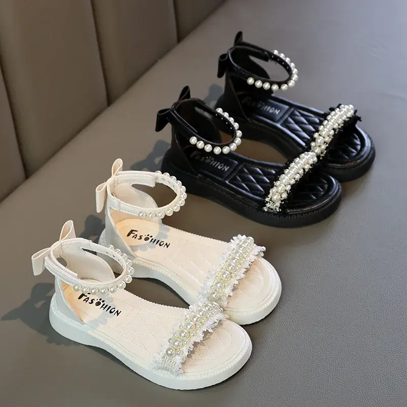 Сандалии для девочек летние повседневные с жемчугом сандалии принцессы в римском стиле Модные шикарные детские пляжные сандалии-гладиаторы с открытым носком на липучке