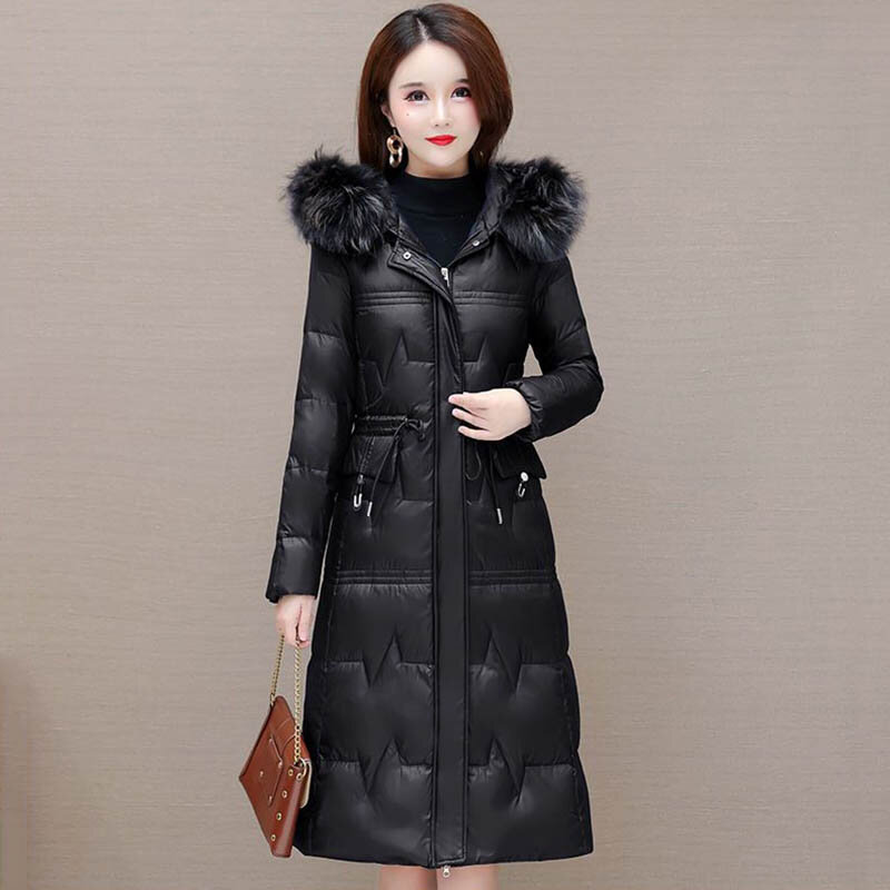 Женский длинный пуховик, новая зимняя одежда 2022, Корейская облегающая модная до колен теплая одежда с воротником из натурального меха и белым утиным пухом