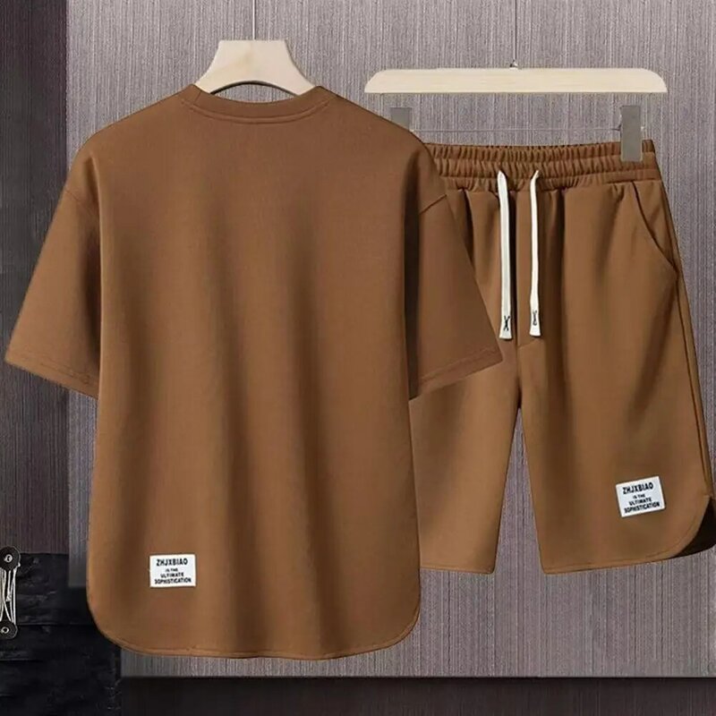 Conjunto de cintura com cordão e shorts masculinos, monocromático, camiseta casual, terno esportivo masculino, traje de treino verão