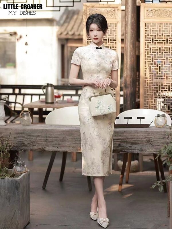 Vestido Cheongsam longo e apertado para mulher, Qipao novo, estilo chinês, Miss Young, High End, Melhoria, Verão, 2023