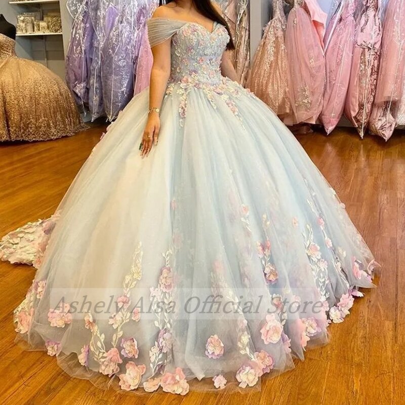 Charming Ice Blue Princess Prom Dresses Cap Sleeve Floral Beading 16 Year Girl Party Gown vestidos de 15 asenos quinceaeceras 2024