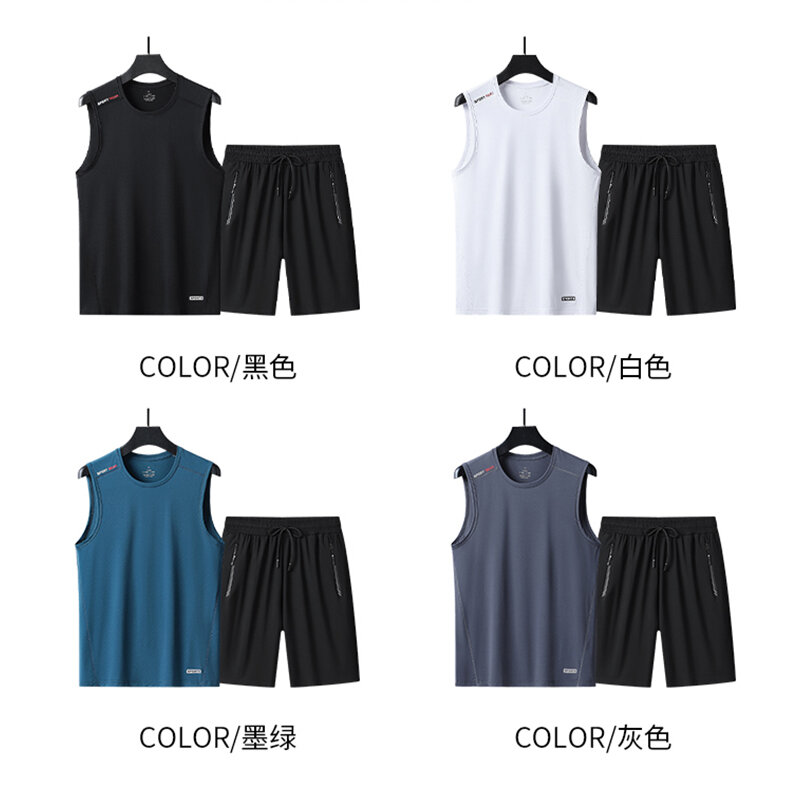 2024 Fashion Solid Two Piece Men‘s Breathable O-Neck Tops and Shorts Outfits Summer Sleeveless Casual Simplicity Sets Streetwear