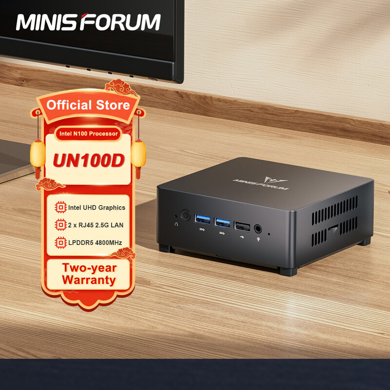 MINISFORUM UN100D Intel N100 Mini PC Windows 11 Home LPDDR5 16GB 512GB podwójny Port sieci Ethernet obsługuje USB-C minikomputer pulpitu DP
