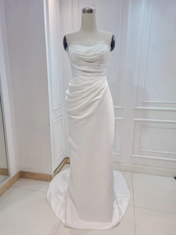 Challoner vestido de Novia de sirena plisado único, Mangas de encaje, sin tirantes, cremallera trasera, hecho a medida