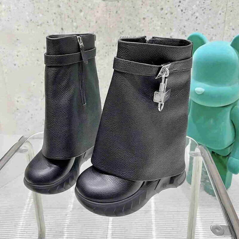 Grained Leather Shark Lock Biker Boots Ankle Boots Full Grain Leather Knee Boots for Women Designer Classic Warm Snow Boots Sale