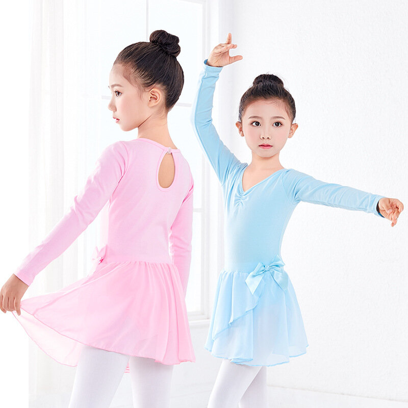 Gaun Tari Balet Anak Perempuan 1 Buah/Lot Pakaian Dansa Leotard Katun Lengan Panjang Gaun Dansa Balet dengan Set Sifon Pakaian Balerina