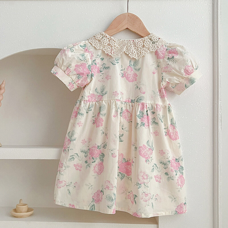 2024 New Summer Sister Clothing Kids Princess Dresses Short Sleeved Cotton Printed Lace Splicing Romper Baby Girl Party Dress