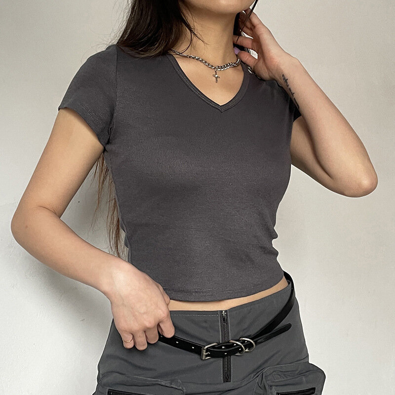 Кроп-Топ женский с V-образным вырезом, базовая однотонная облегающая футболка в рубчик с коротким рукавом, Повседневная футболка в стиле Харадзюку, лето 2024, Y2k