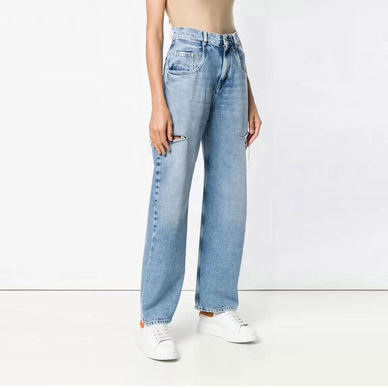 Lente Distressed Retro Hoge Taille Jeans Voor Dames 2024 Nieuwe Rechte Pijpen Koreaanse Versie Losse En Slanke Veelzijdige Broek