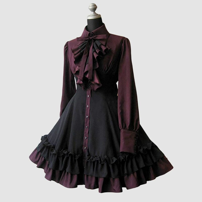 2023 Autumn Elegant Lolita Black Gothic Women Lolita Dresses Big Size Bow Collar Pleated Lace Up Goth Vintage Chic Jurken Dress