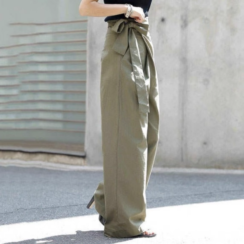 Frauen Kleidung Hosen einfachen Stil lose einfarbige unregelmäßige Seite Schnürung Baumwolle weites Bein Hosen Frühling Sommer Freizeit hose