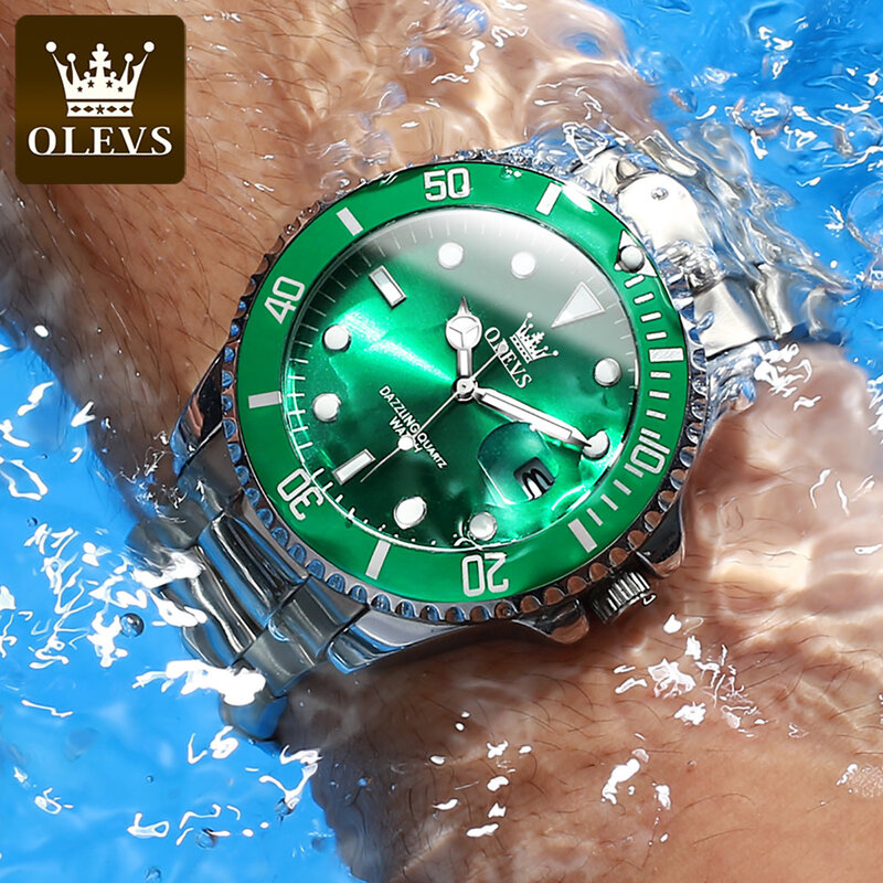 OLEVS jam tangan kuarsa tahan air pria, arloji bisnis tali baja tahan karat warna hijau, jam tangan bercahaya kualitas tinggi dengan kalender untuk pria