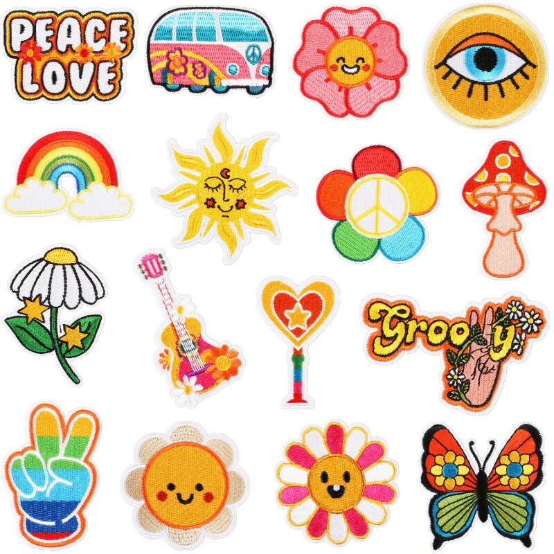 Heiße Cartoon Stickerei Patch DIY Bus Regenbogen Sonnenblumen Aufkleber selbst klebende Abzeichen Eisen auf Patches Emblem Kleidung Tasche Zubehör
