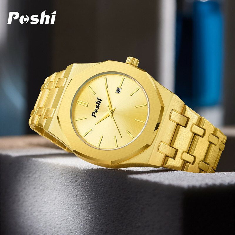 POSHI-Relógio de quartzo masculino com pulseira de aço inoxidável, mostrador simples, relógio de pulso comercial, moda luxo, data, 2023