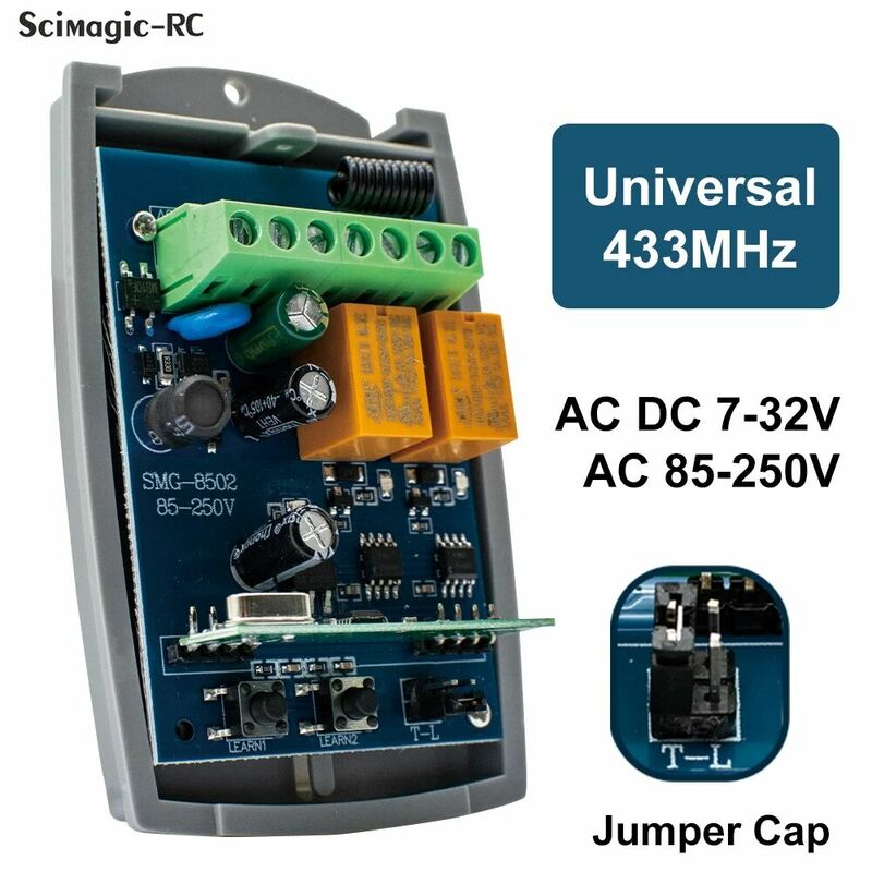 Receptor universal do controle remoto da porta da garagem, módulo do interruptor, 2CH, 433 Rolling Code, alternância momentânea, CA, DC, 7-32V, 85-250V, 433.92MHz