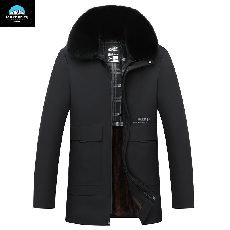 Mantel panjang empuk pria, jaket bisnis kasual kerah wol dapat dilepas, jaket tahan angin bergaris bulu musim dingin 2023