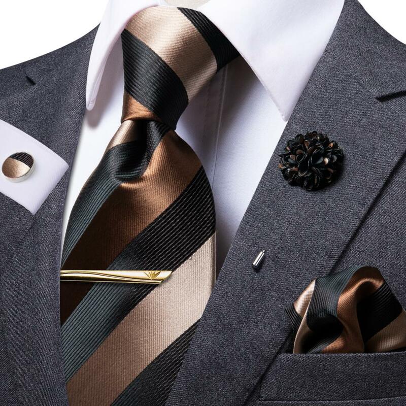 الرجال أنيقة الحرير التعادل كليب بروش ، منديل مجموعة أزرار أكمام ، ربطة العنق الفاخرة ، مرحبا التعادل الأعمال ، براون ، أسود ، مخطط ، هدية