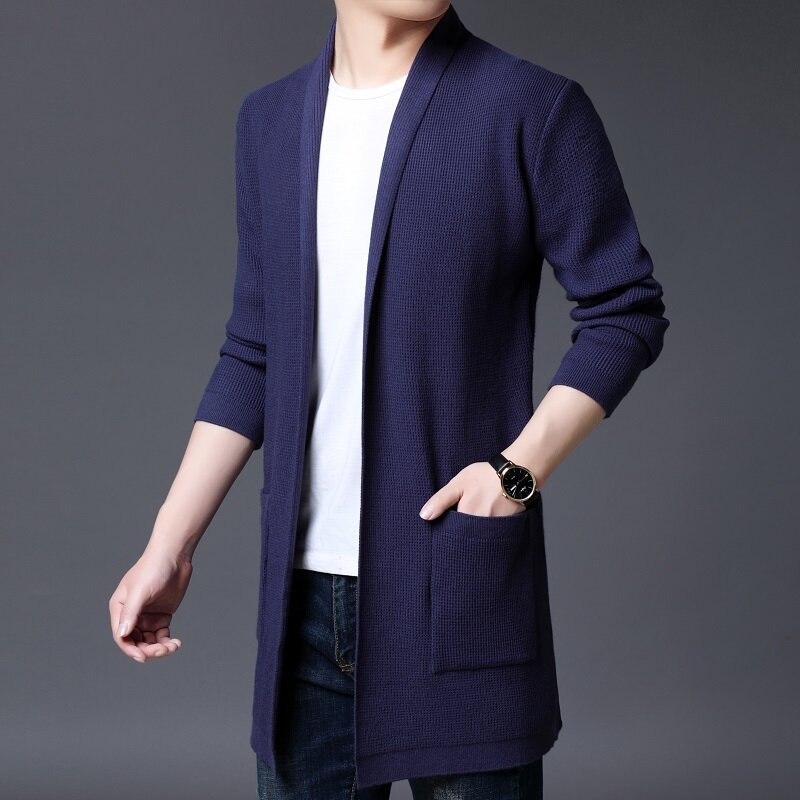 Alta qualidade outono nova camisola de lã longa jaquetas de lã masculina casual lã cardigan médio-longo sweatercoat