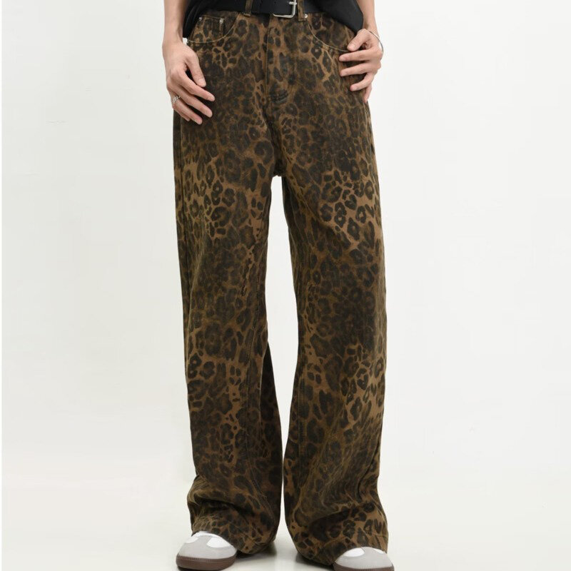 Tan Leopard Jeans Wanita & Pria celana Denim wanita kebesaran celana panjang kaki lebar pakaian jalan Hip Hop Vintage katun longgar kasual