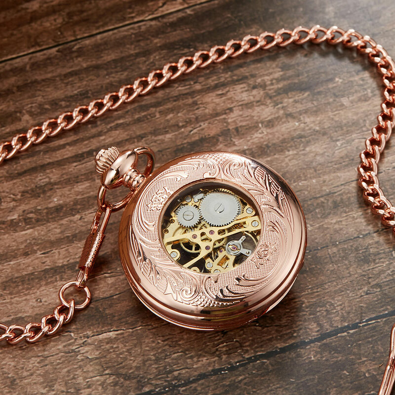 Jam Tangan Saku Mekanis Rose Gold dengan Rantai Liontin Jam Tangan Berongga Kerangka Steampunk Pria Wanita Relogio De Bolso
