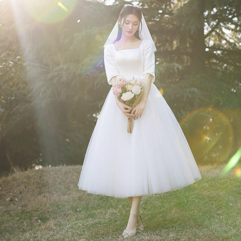 Abiti da sposa in raso bianco per la sposa sera formale elegante maglia francese semplice stile Hepburn Super fata abito estivo donna