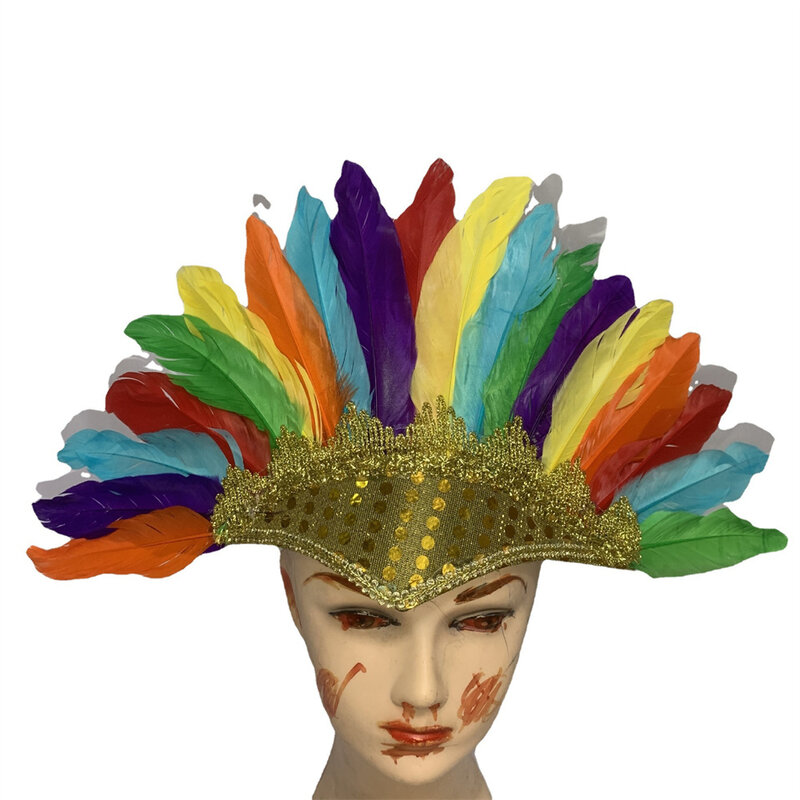 1 buah Aksesori kostum karnaval hiasan kepala bulu Halloween Indian hiasan kepala warna-warni alat peraga pesta hiasan kepala hiasan kepala