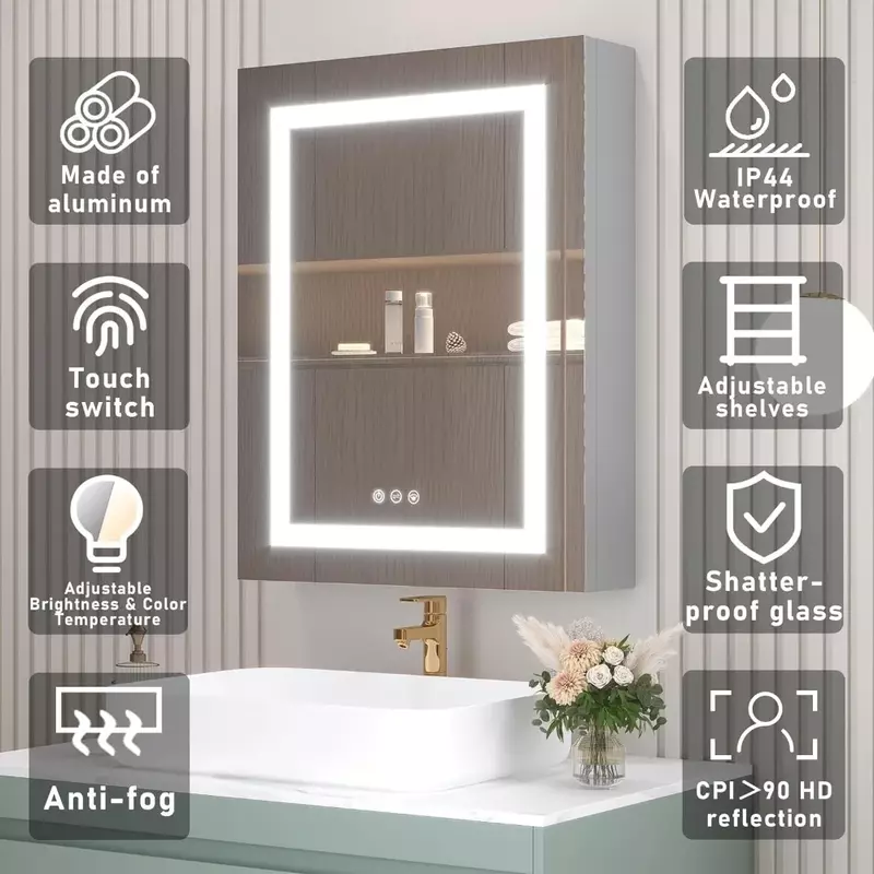 Armadietto per medicinali da bagno da 20X26 pollici con armadietto a specchio da incasso a LED per bagno con luci 3 armadietti luminosi a colori per la casa