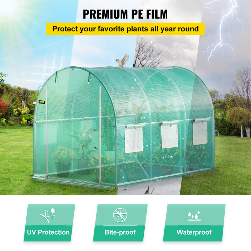 VEVOR Walk-in Tunnel Greenhouse,Portable Plant Hot House w/ Galvanized Steel Hoops,3 Top Beams,4 Diagonal Poles,2 Zippered Doors