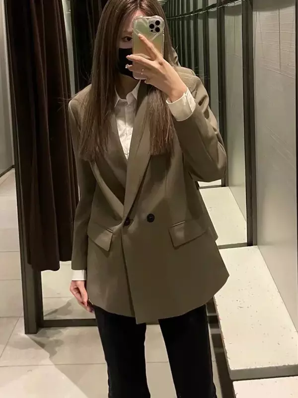 Women 2022 New Fashion Double Breasted Plus Size Blazer Coat Vintage Long Sleeve Pockets Female Outerwear Chic