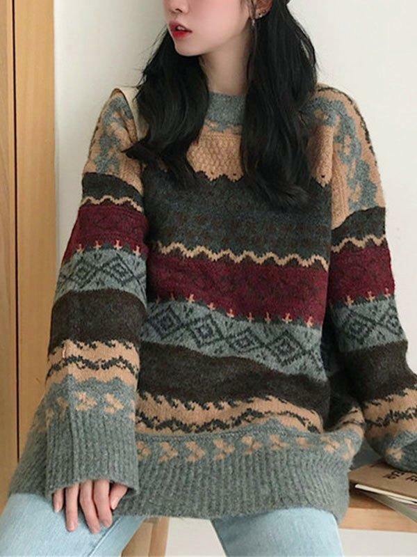 เสื้อสเวตเตอร์ลำลองทรงหลวมแนววินเทจของผู้หญิง MODE Korea ฮาราจูกุเรขาคณิตลายทางเสื้อกันหนาว Y2k