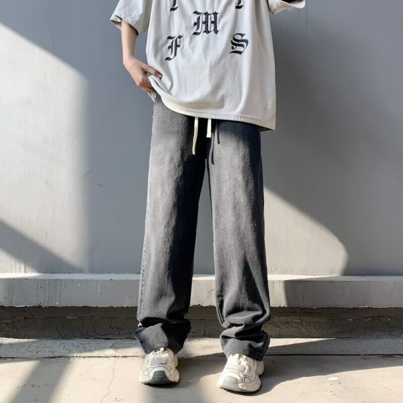 Pantalones vaqueros de pierna recta para hombre, Jeans de moda de estilo japonés, cintura elástica, Color olid clásico, tendencia de lavado de agua