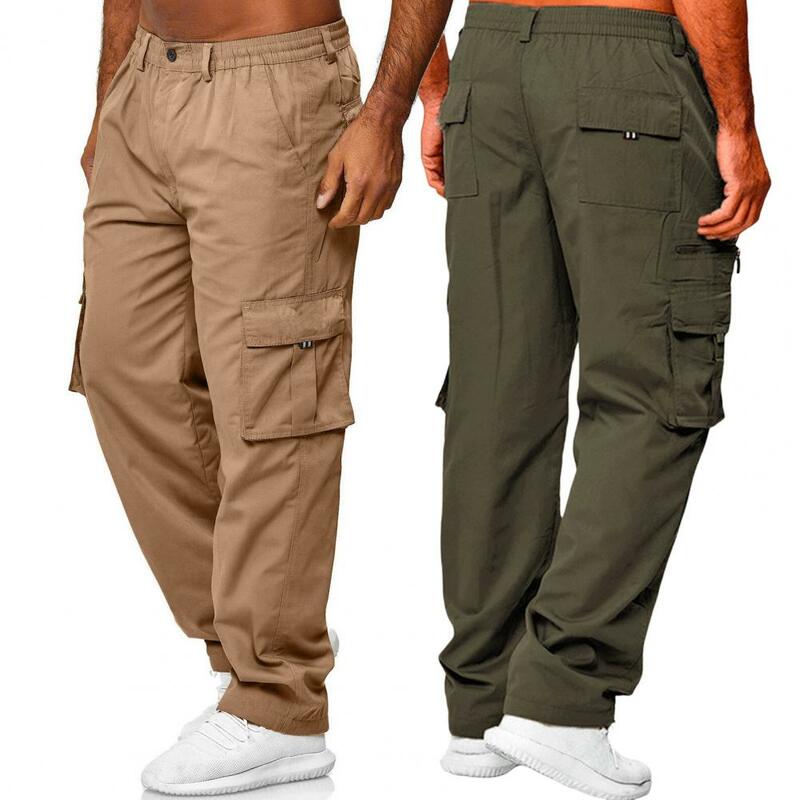 Men Reinforced Pocket Pants Men's Elastic Waist Cargo Trousers with Multiple Pockets Breathable Fabric Plus Size Fit for Daily