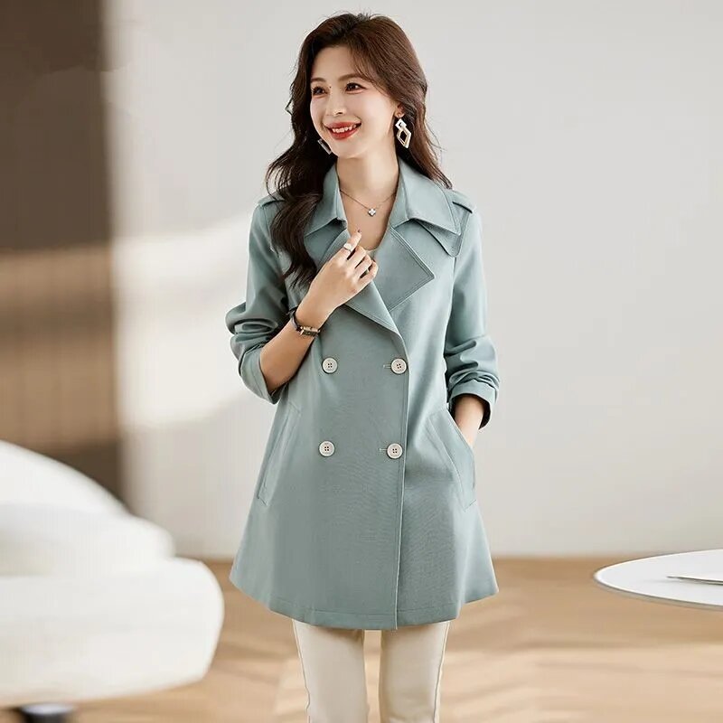 Trench coat cáqui estilo formal para mulheres, moda coreana, manga comprida, bolso, casaco vintage solto, corta-vento chique, sobretudo feminino