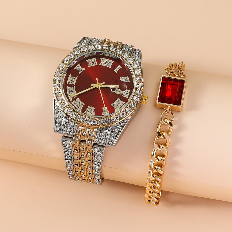 Reloj de lujo con diamantes para mujer, conjunto de pulsera y collar con cadena de acero a la moda, 5 piezas