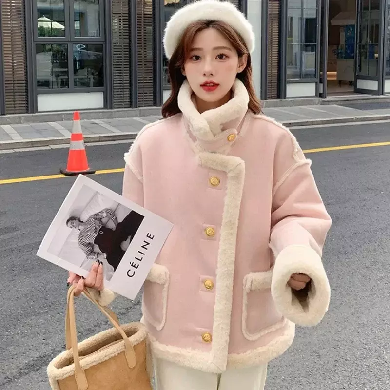 Женская короткая зимняя куртка из искусственного кашемира однотонная Свободная куртка с длинным рукавом Корейская версия утепленная Новинка