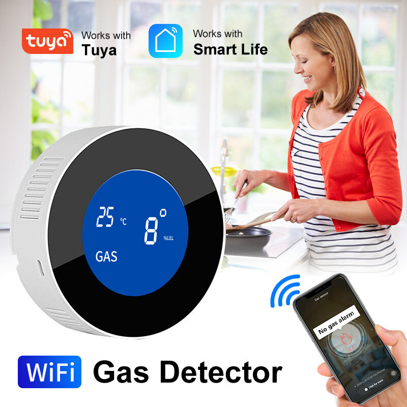 와이파이 버전 가정용 주방 안전 전문가 투야 앱 천연 가스 누출 경보 센서, LCD 디스플레이 사운드 사이렌 가연성 가스 감지기