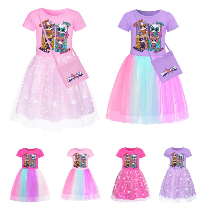 Super Kitties Dress Kids Dresses for Girls Cute Super Cats Clothes Toddler Girl Lace Princess Vestidos Children Birthday Gifts