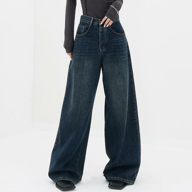 Button Zipper Closure Jeans Vintage High Waist Wide Leg Jeans for Women Retro Denim Trousers with Pockets Oversized for Autumn