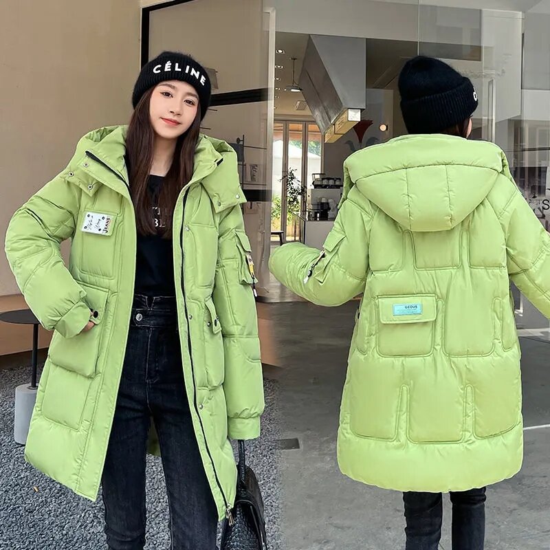 Parka longa solta com capuz feminino, casaco feminino à prova de vento, casaco de algodão grosso, manter aquecido, versão coreana, inverno, 2023