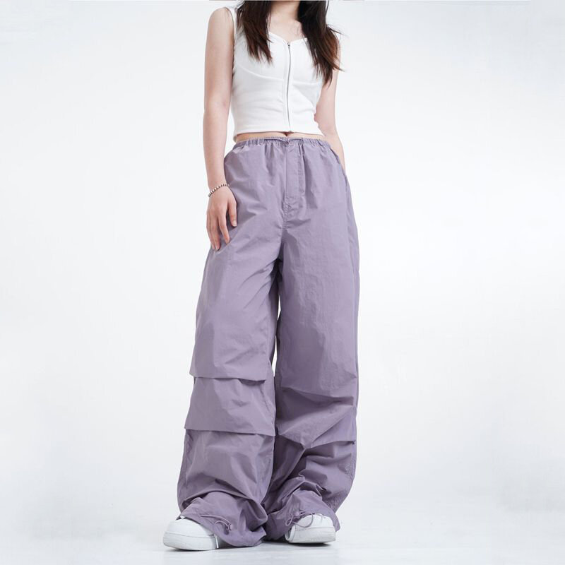 Amerykańska moda Vintage letni Trend moda elastyczna talia szybkoschnące spodnie robocze damskie kieszonkowe główna ulica luźne proste spodnie