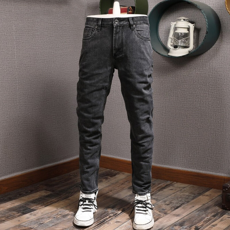 Estilo coreano moda masculina calças de brim retro preto cinza elástico fino ajuste casual calças de brim hombre vintage designer calças de brim