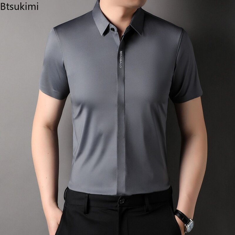 Рубашка мужская с коротким рукавом, эластичная деловая блуза со скрытыми пуговицами, лето