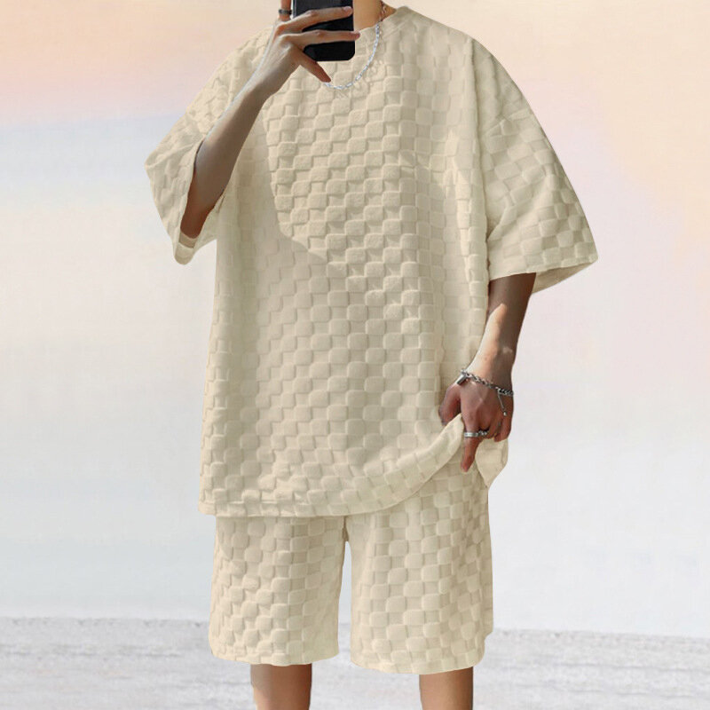 Conjunto de duas peças masculino de camisetas de manga curta e shorts, tops de algodão jacquard soltos e respiráveis, roupas de praia casuais, xadrez, verão