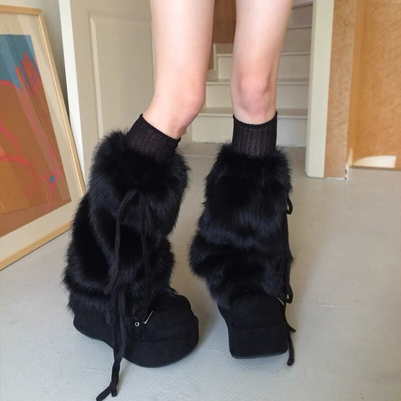 Punk muszka wstążka ocieplacze damskie gotyckie pogrubione futrzane buty ocieplacz na zimę nakładka ochronna na buty dziewczynka Harajuku akcesoria imprezowe