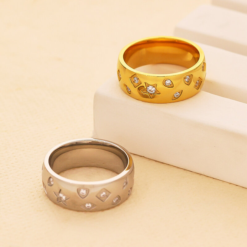 Mousserende Kristallen Ster Titanium Stalen Ring 18K Vergulde Waterdichte Niet-Allergische Vinger Sieraden Pak Voor Vrouwen Vriendin Cadeau