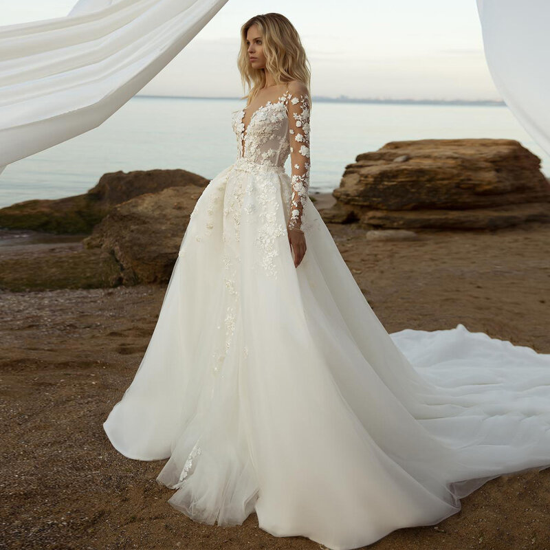Elegant Mermaid Wedding Dress Detachable Tulle Skirt Illusion Long Sleeves Scoop Sequined Applique Sweep Train Women Bridal Gown